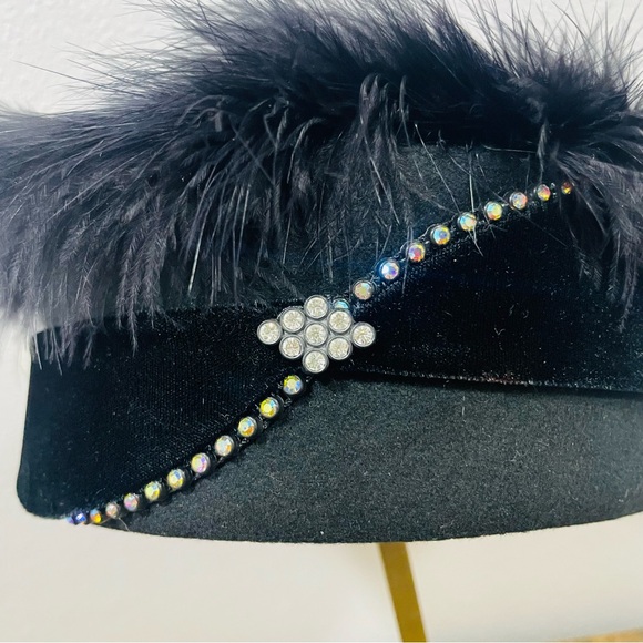 Elegant Black Wool Pill Box Church Hat Feather-Trimmed  with Rhinestone Detail main image 4
